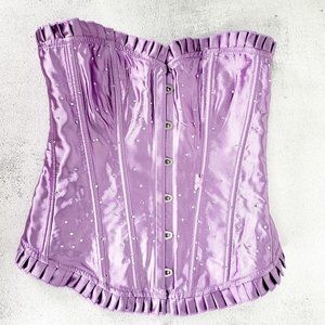 NEW ADORE ME Lavender Rhinestone‎ Satin Corset Top SMALL Ruffle Satin Slimming